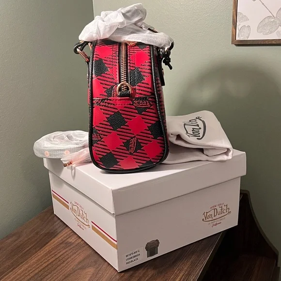 Von Dutch Red and Black Plaid Mini Dome Bag - Picture 4 of 7